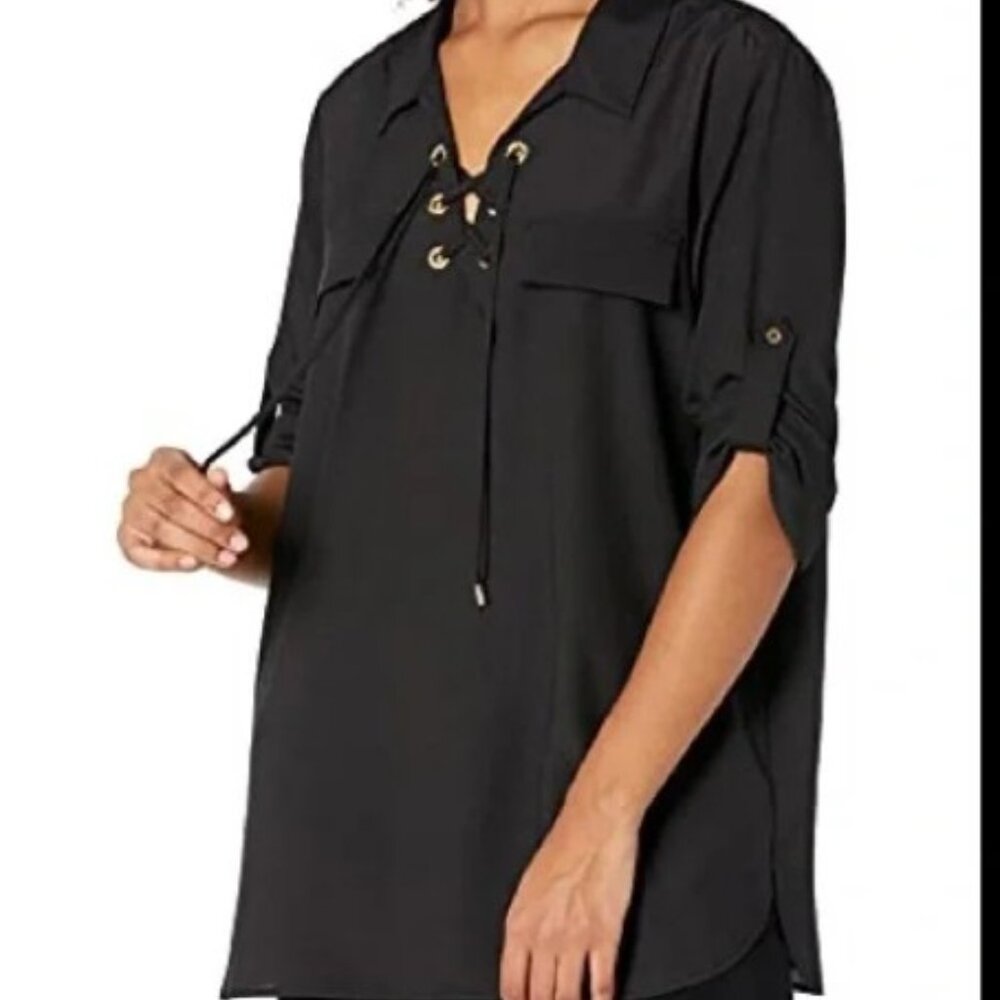 Calvin Klein Blouse | Lace-up Black Roll Top Sleeve | Size Large